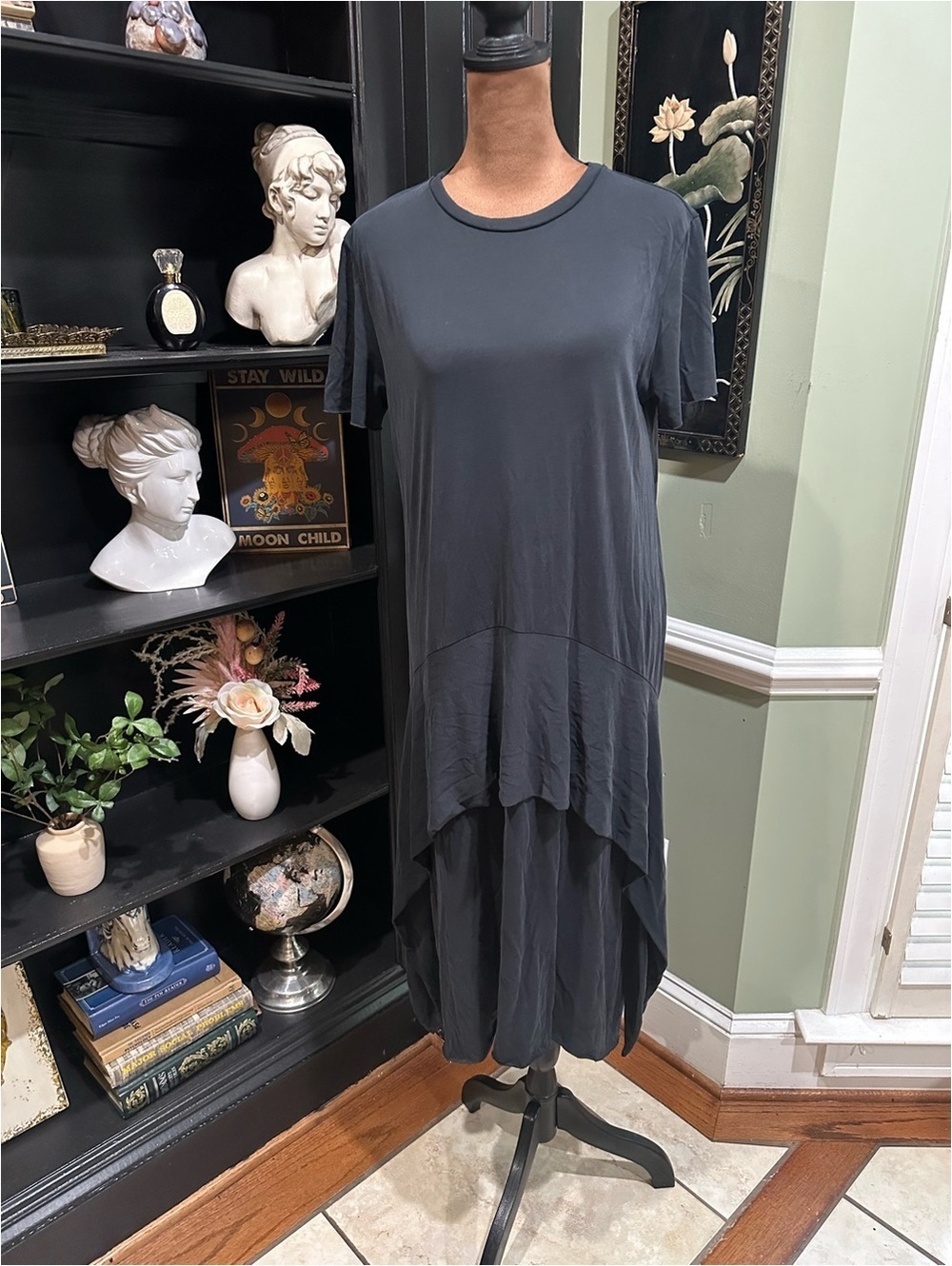 COA Black Boho Wearable‑Art Tunic Dress with Layered Skirt Size Small